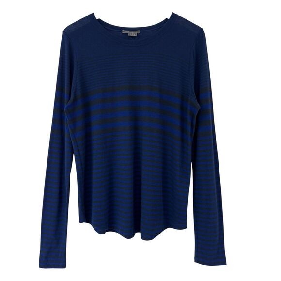 Vince Variegated Striped Long Sleeve Shirt Blue Black Pima Modal Semi Sheer Lrg - Picture 1 of 10